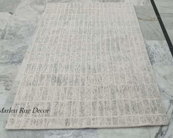 Neutral Ivory Textured Rug Handmade Hand Tufted Wool Minimal Area Carpet Home Decor