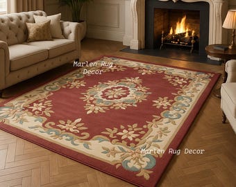 Red Vintage Medallion Rug Hand Tufted Wool Traditional Area Carpet Living Room Home Decor
