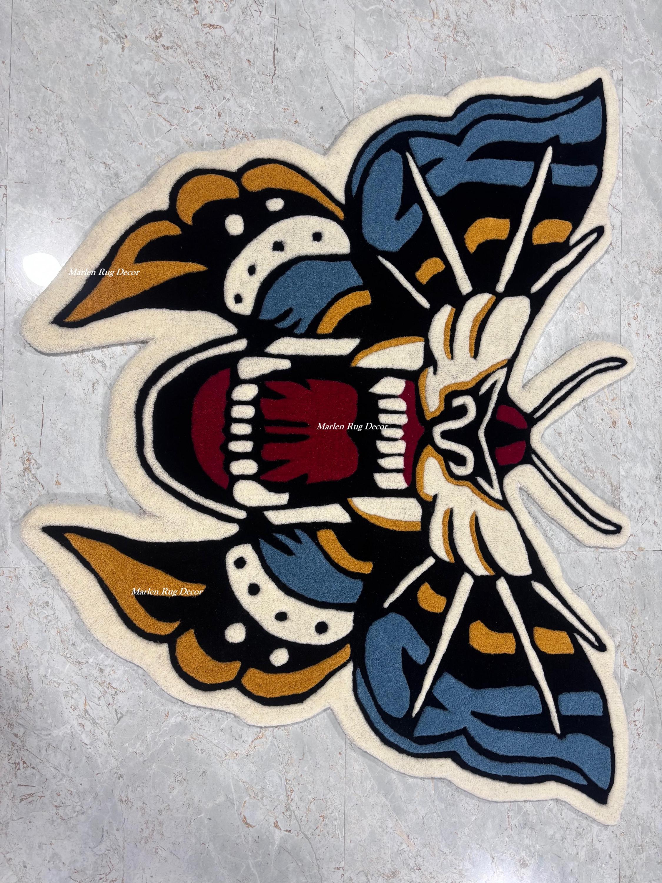Hand Tufted Tiger Moth Rug Gothic Tattoo Wool Statement Area Carpet ...
