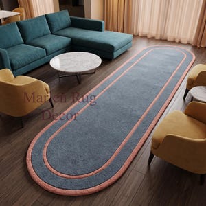 Blue Pink Runner Rug Hand Tufted Wool Rounded Modern Hallway Entryway Carpet