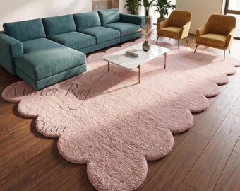 Soft Pink Scalloped Rug Hand Tufted Wool Modern Nursery Bedroom Area Carpet Decor