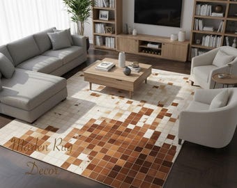 Rustic Brown Tan Leather Patchwork Rug Handmade Modern Living Room Area Carpet