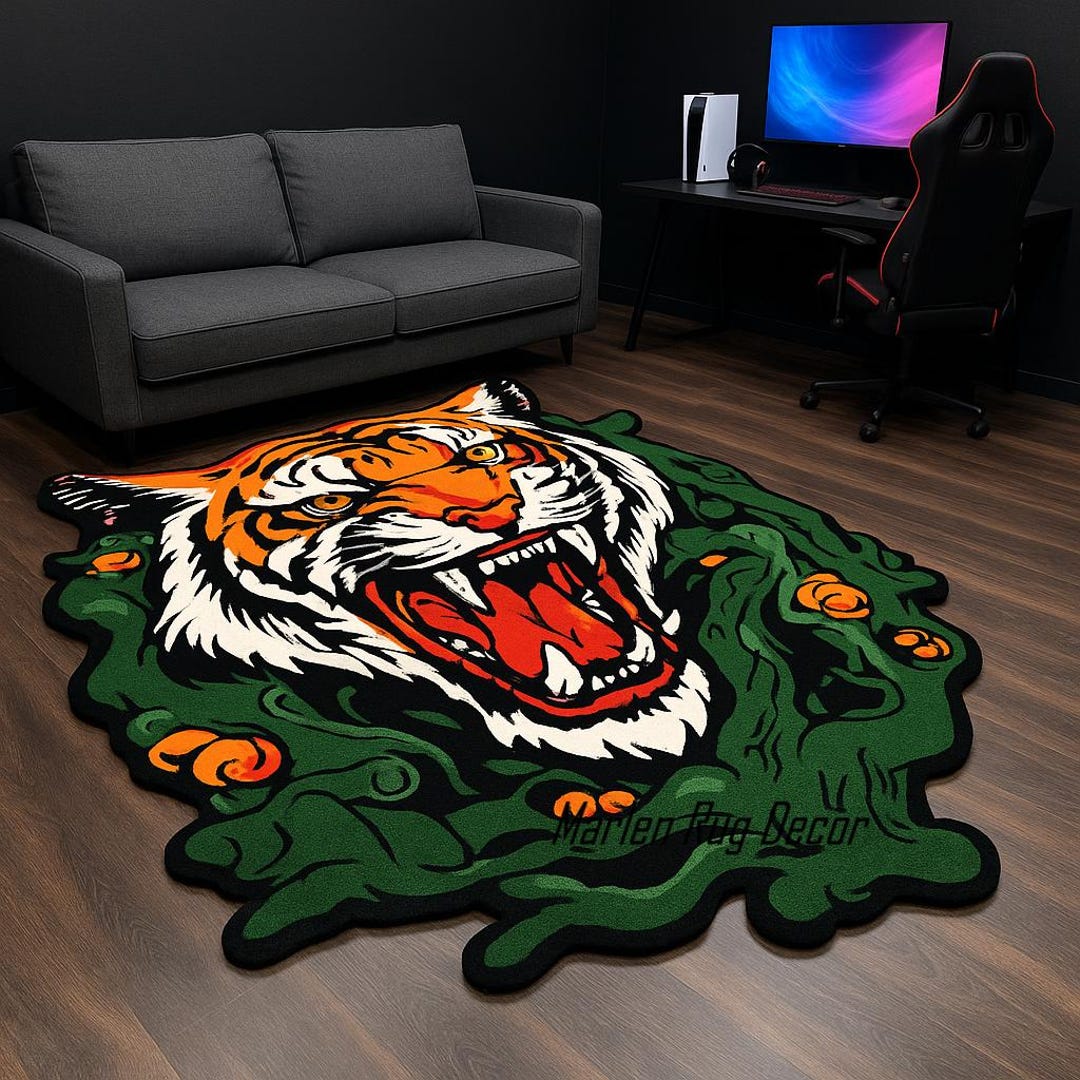 Tiger Head Statement Rug Hand Tufted Wool Jungle Animal Living Room ...
