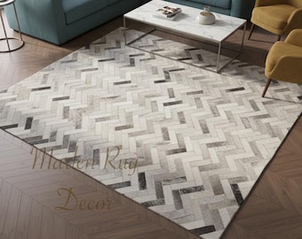 Modern Grey Herringbone Cowhide Rug Handmade Leather Patchwork Luxury Living Room Carpet