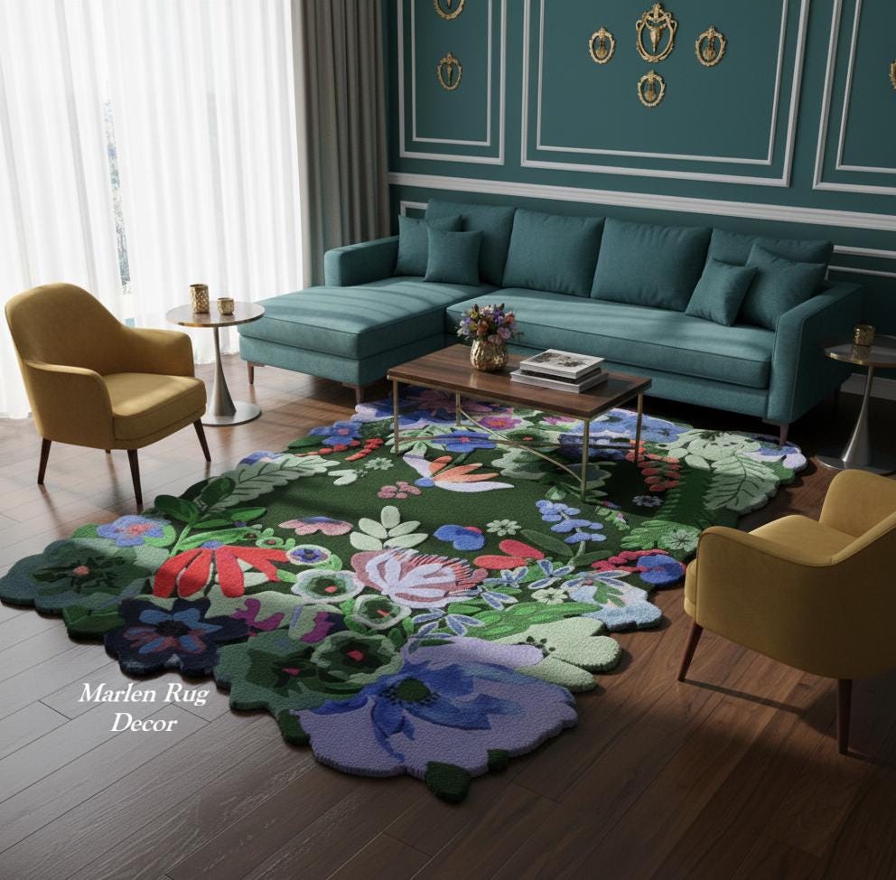 Hand Tufted Colorful Botanical Garden Rug Vibrant Floral Wool Statement ...