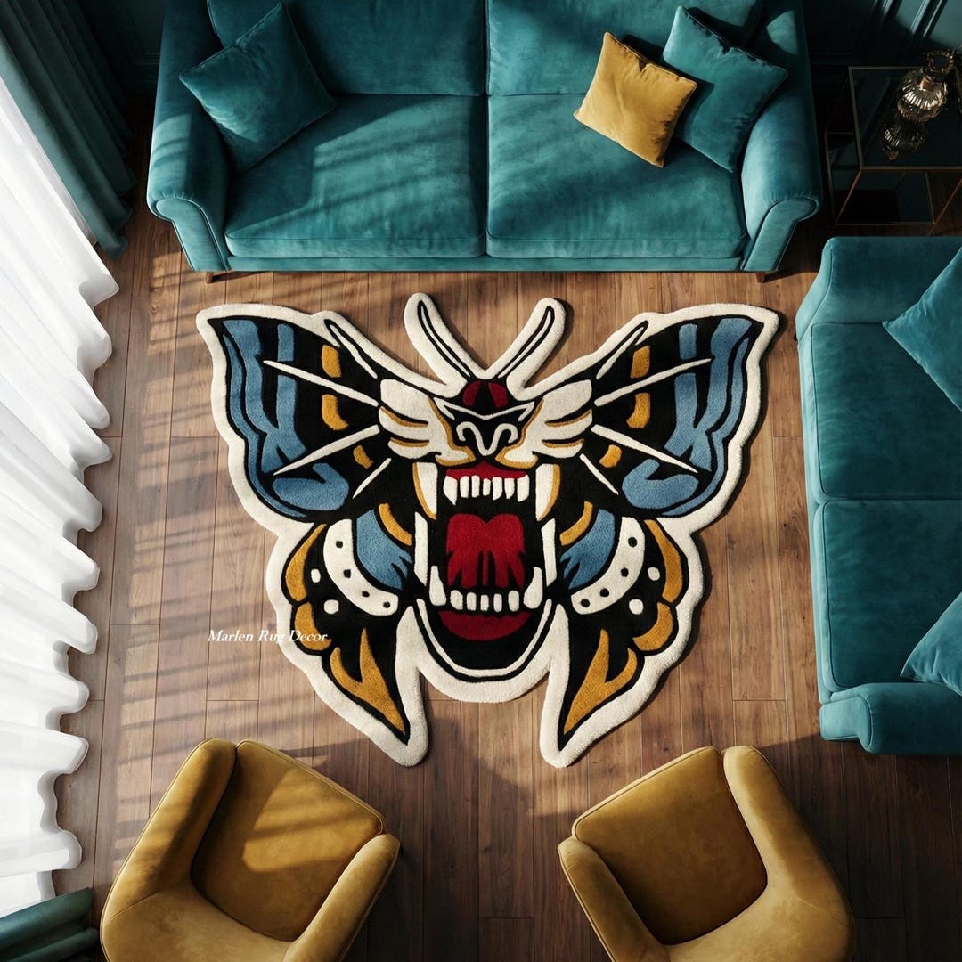 Moth Area Rug Hand Tufted Tiger Moth Rug Gothic Tattoo Wool Statement Area Carpet ...