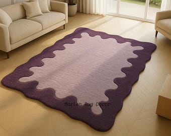 Purple Abstract Rug Hand Tufted Wool Modern Artistic Area Carpet Living Room Decor