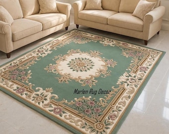 Green Medallion Rug Hand Tufted Wool Traditional Vintage Area Carpet Living Room Home Decor
