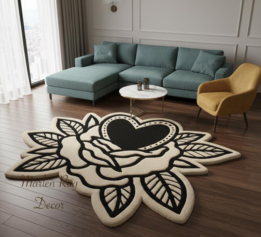 Scared Heart Rug Sacred Heart Rose Rug Handmade Tufted Wool Tattoo Style Gothic Area ...
