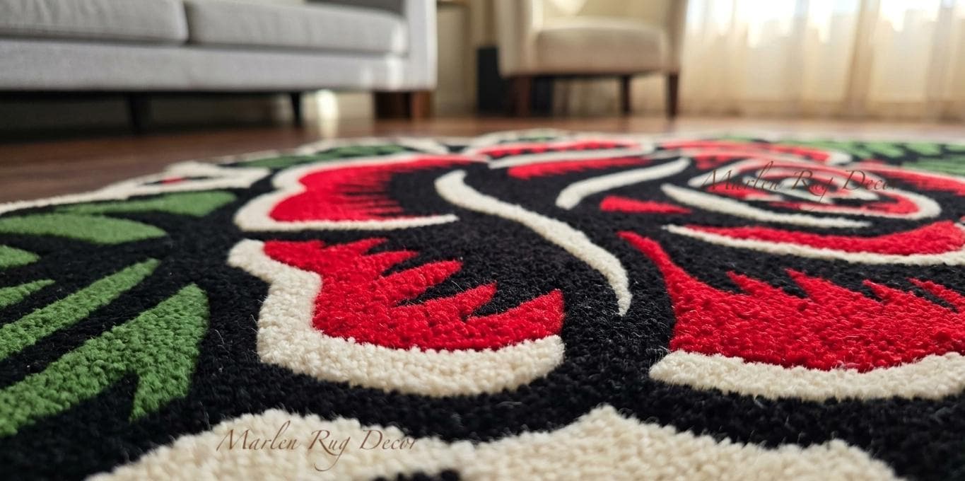 Red Rose Rug Hand Tufted Wool Gothic Tattoo Style Floral Area Carpet ...