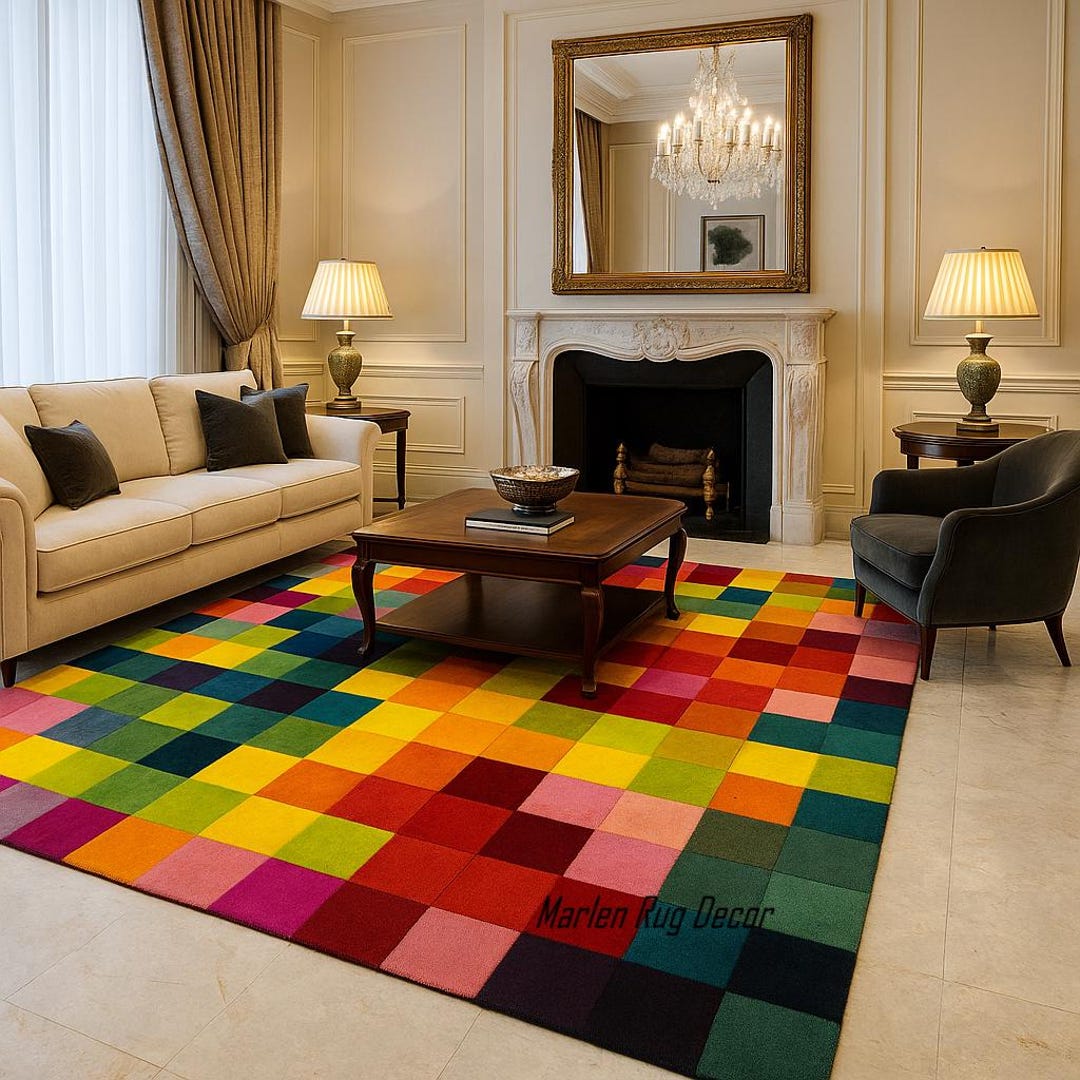 Multi Color Block Rug Colorful Pixel Block Rug 9x12 – Hand Tufted Wool Modern Geometric ...