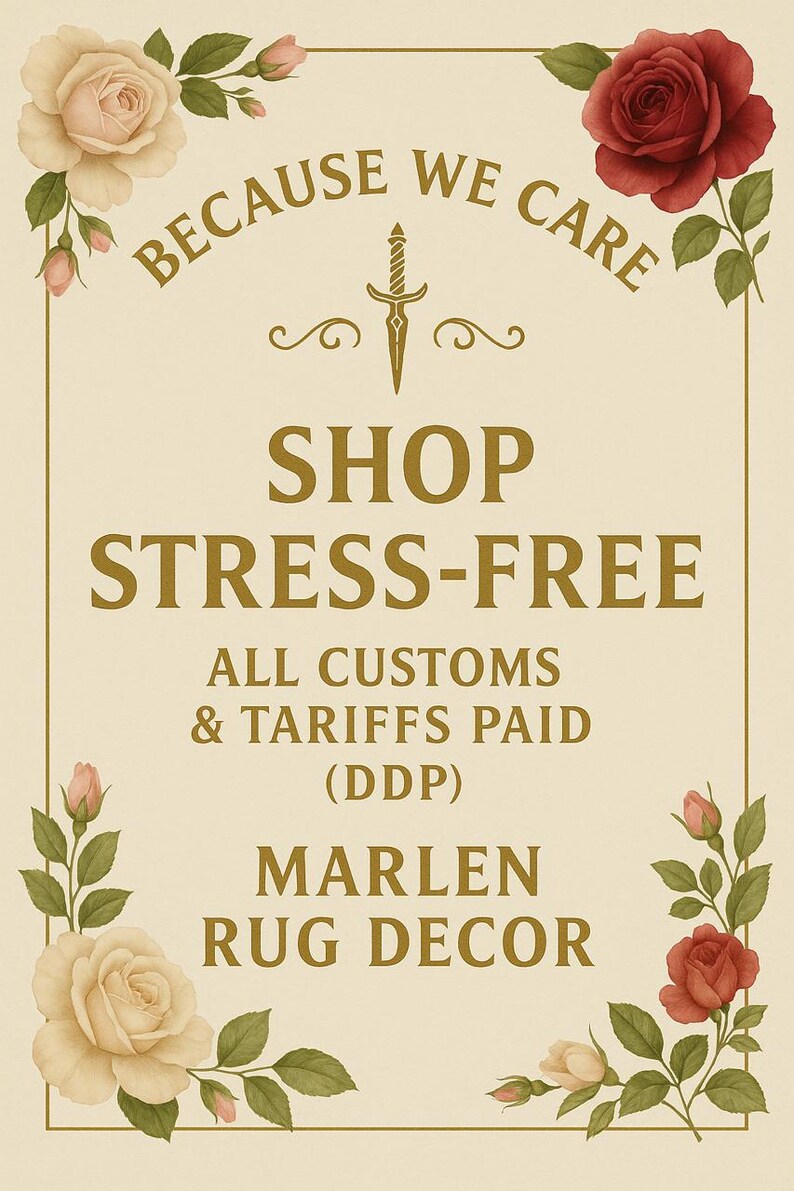 Puede incluir: Un letrero rectangular beige con detalles florales y texto. El letrero dice "BECAUSE WE CARE SHOP STRESS-FREE" y "MARLEN RUG DECOR". Rosas y capullos en tonos rojos y crema decoran las esquinas.