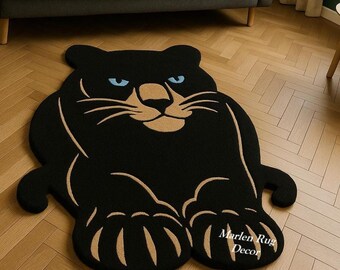 Tufted Animal Rug Black Feline Wool Carpet Gold Eyes Graphic Irregular Floor Art Decor