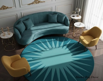 Alfombra redonda de lana con diseño de rayos de sol en color turquesa, tejida a mano, moderna, ideal para la decoración de la sala de estar.