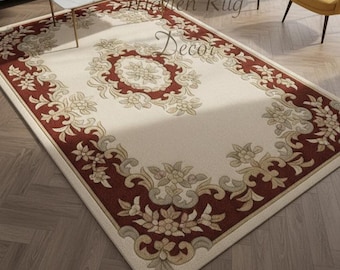 Vintage Beige Floral Rug Hand Tufted Wool Traditional Border Living Room Carpet