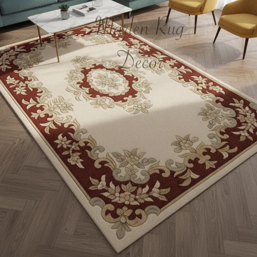 Vintage Beige Floral Rug Hand Tufted Wool Traditional Border Living ...