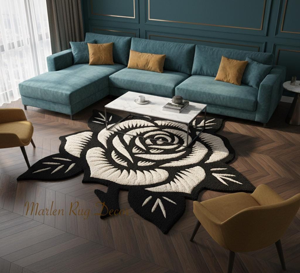 Rust Rose Rug Monochrome Gothic Rose Rug Handmade Hand Tufted Wool Tattoo Floral Area ...