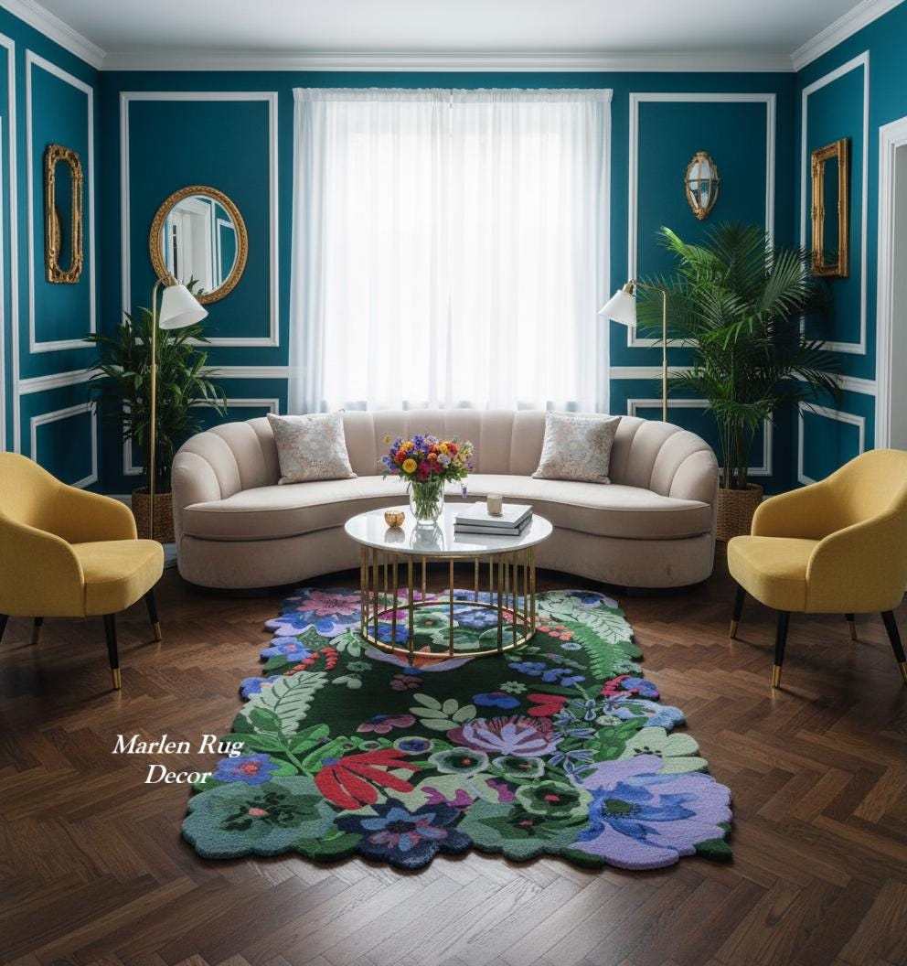Hand Tufted Colorful Botanical Garden Rug Vibrant Floral Wool Statement ...