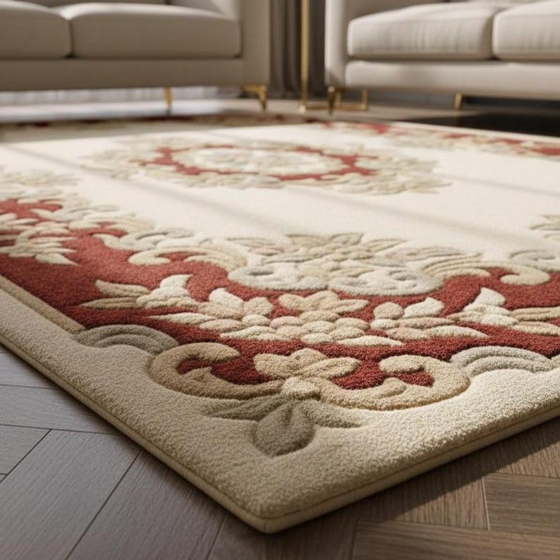 Vintage Beige Floral Rug Hand Tufted Wool Traditional Border Living ...