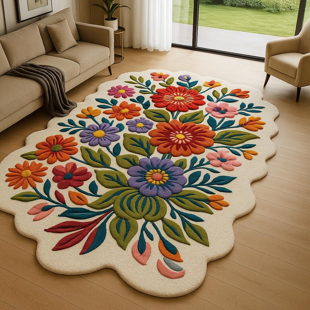 Boho Colorful Floral Scalloped Rug Hand Tufted Wool Statement Living ...