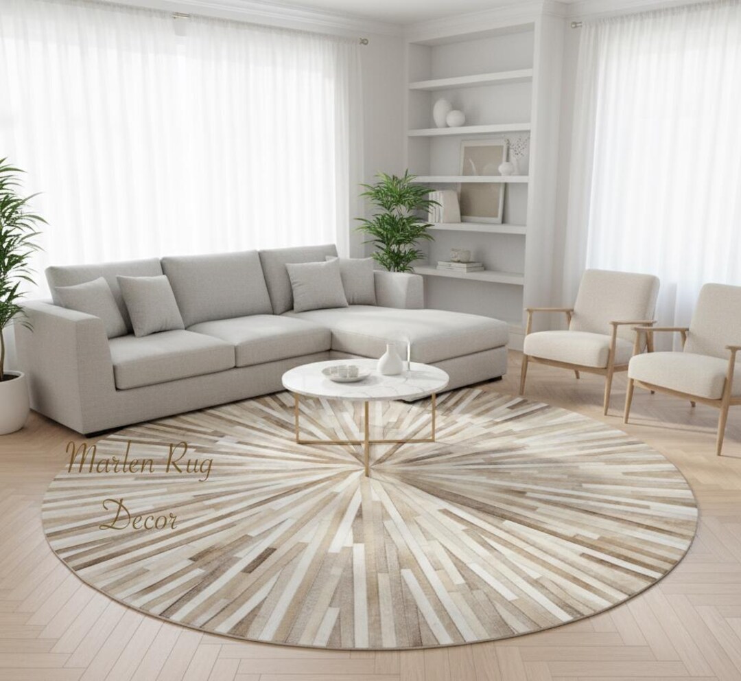 Gallery Detail: Round Sunburst Rug Hand Tufted Wool Neutral Modern Area Carpet