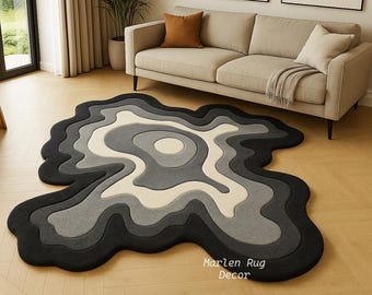 Alfombra de lana gris irregular hecha a mano, con mechones tallados, estilo moderno, para decoración del hogar.