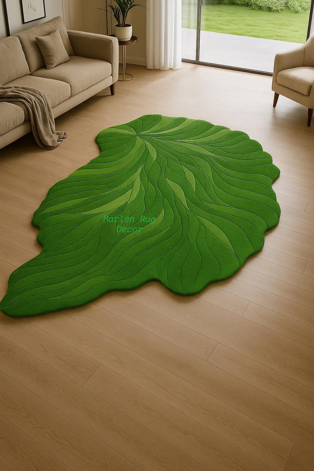 Green Leaf Shaped Rug Handmade Hand Tufted Botanical Statement Area ...