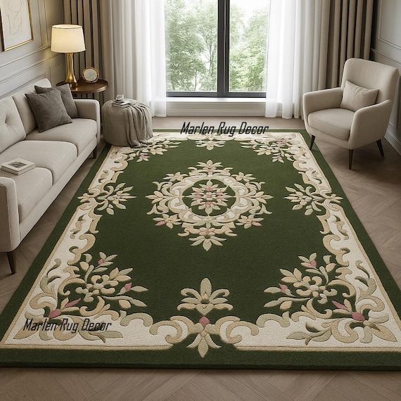 Olive Green Floral Rug Hand Tufted Wool Classic Statement Carpet Living Room Decor