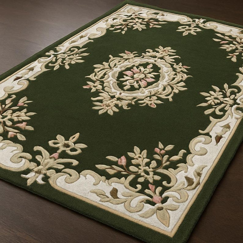 May include: A rectangular green rug with an ornate floral design. The rug features a central medallion and a border with cream and beige floral patterns. The rug's design includes pink accents within the floral motifs.