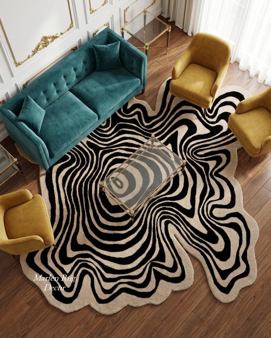 Black White Wavy Abstract Rug Hand Tufted Wool Irregular Statement Area ...