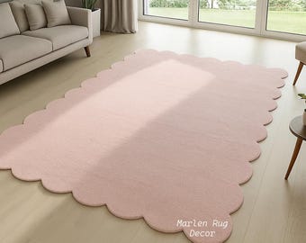 Modern Soft Pink Scalloped Border Rug Handmade Hand Tufted Wool Area Carpet Home Decor