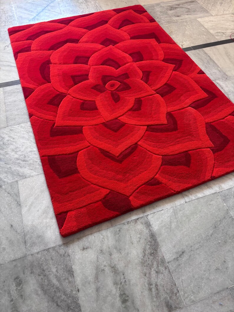 Botanical Red Rose Rug Hand Tufted Wool Floral Statement Living Room ...
