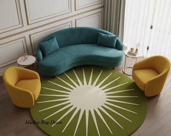 Alfombra redonda verde hecha a mano de lana con diseño de rayos de sol, alfombra moderna para sala de estar.