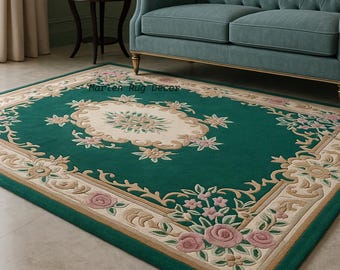 Vintage Teal Medallion Rug Hand Tufted Wool Floral Traditional Living Room Carpet