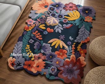Maximalist Floral Rug Hand Tufted Wool Colorful Botanical Statement Living Room Carpet