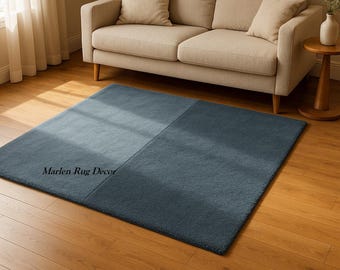 Navy Color Block Rug Hand Tufted Wool Abstract Modern Carpet Japandi Interior Decor