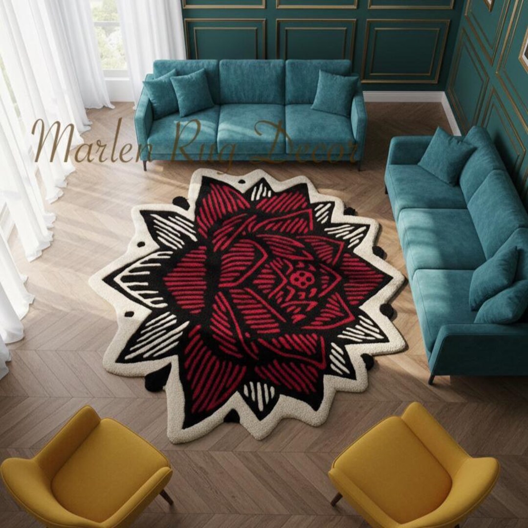 Red Rose Rug Traditional Tattoo Art Design Hand Tufted Wool Carpet Bold ...