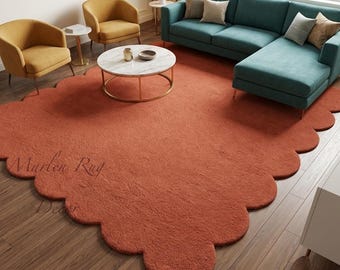 Modern Blush Pink Scalloped Border Rug Hand Tufted Wool Nursery Area Carpet Decor