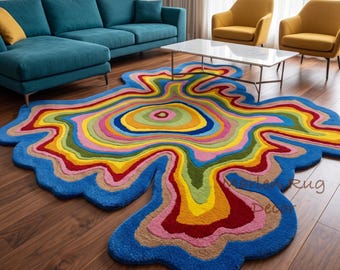 Irregular Colorful Rug Hand Tufted Wool Wavy Abstract Maximalist Living Room Carpet Decor