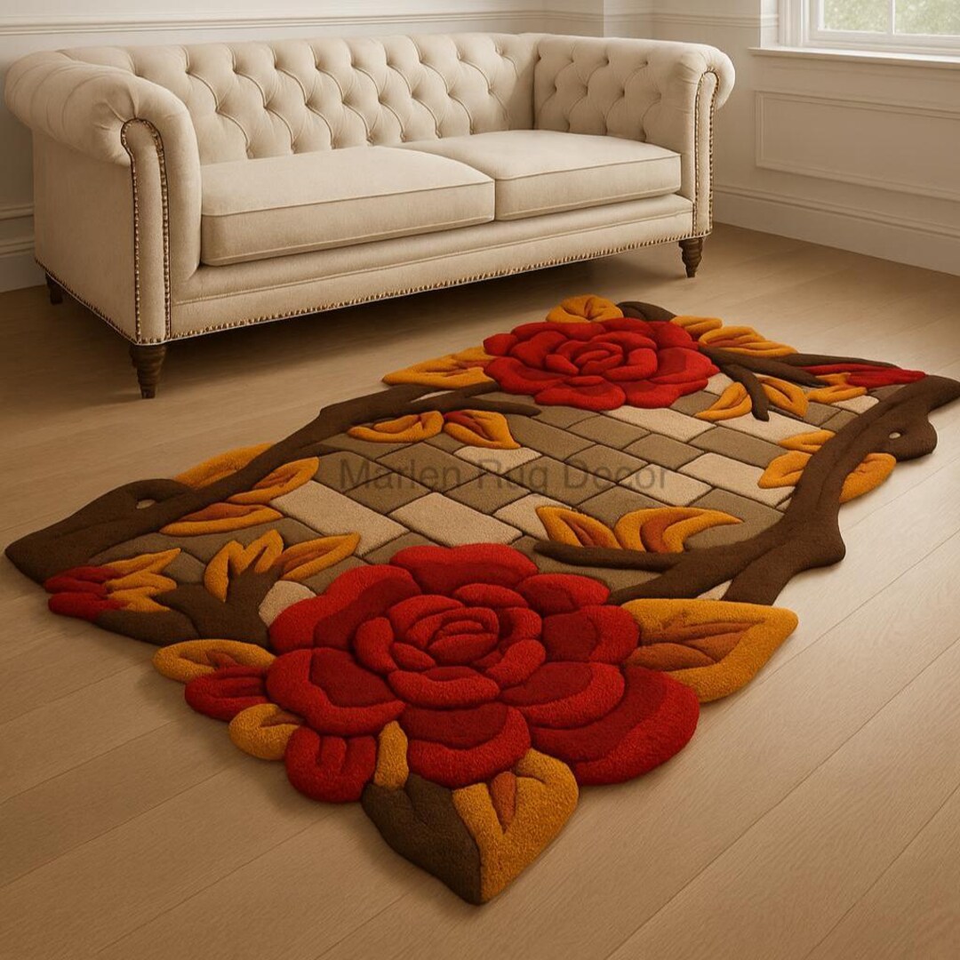 Red Rose Floral Wool Rug Handmade Tufted Statement Area Carpet Living ...