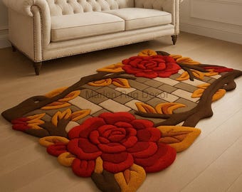 Alfombra de lana con diseño floral botánico y rosas rojas tejida a mano.