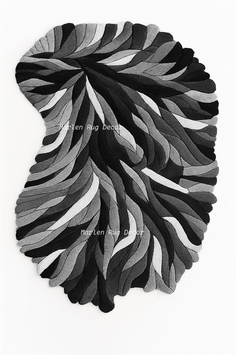 May include: A grayscale rug with a unique, organic shape. The rug features a pattern of layered, curved lines in shades of black, gray, and white. The text "Marlen Rug Decor" is visible on the rug.