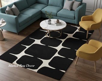 Black White Checkered Rug Handmade Hand Tufted Wool Geometric Statement Area Carpet Home Decor