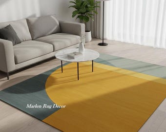 Contemporary hand tufted wool rug featuring a bold mustard yellow geometric design for modern interiors.