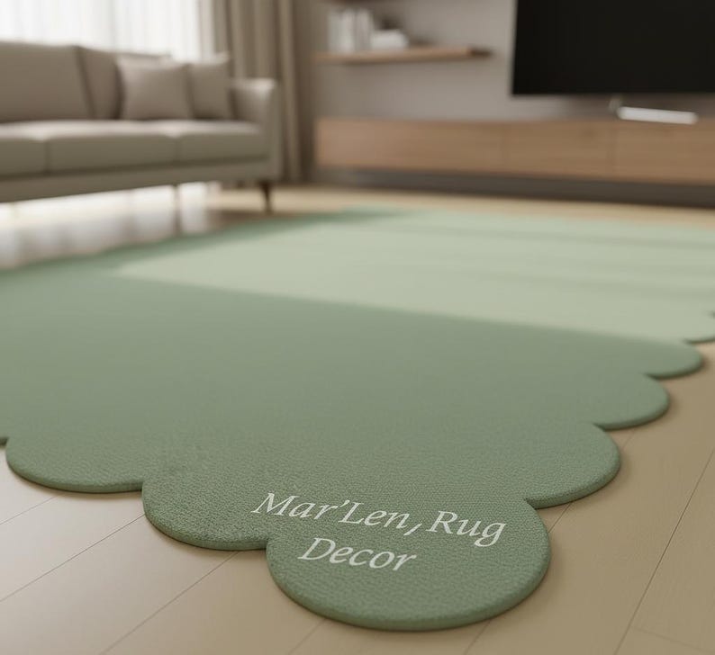 Puede incluir: Una alfombra verde salvia con borde festoneado. La alfombra tiene el texto "Mar'Len, Rug Decor" impreso. La alfombra est&aacute; sobre un suelo de madera clara. Un sof&aacute; y un televisor est&aacute;n en el fondo.