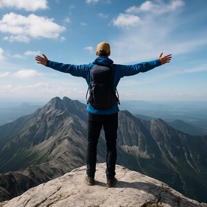 Könnte beinhalten: Eine Person steht mit ausgestreckten Armen auf einem felsigen Berggipfel und trägt eine blaue Jacke, eine schwarze Hose und eine gelbe Kappe. Ein schwarzer Rucksack befindet sich auf dem Rücken. Der Hintergrund zeigt eine Bergkette unter blauem Himmel mit Wolken.
