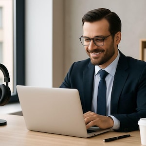 Könnte beinhalten: Ein Mann mit Brille und marineblauem Anzug lächelt, während er an einem Laptop an einem Schreibtisch arbeitet. Schwarze Kopfhörer stehen links auf einem Ständer. Eine weiße Kaffeetasse und ein Stift liegen ebenfalls auf dem Schreibtisch.