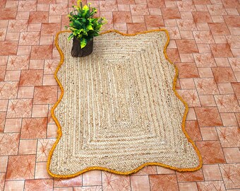 Tapete indiano de juta natural trançada à mão com desenhos amarelos e vieira, tapetes de decoração para casa