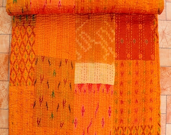 Handmade Silk Patola Kantha Quilt: Reversible Indian Bedspread