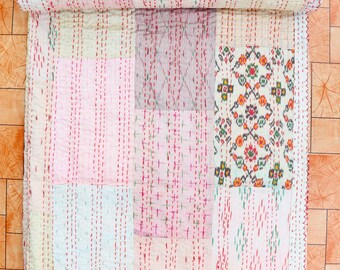 Handmade Silk Patola Kantha Quilt: Reversible Vintage Saree Throw